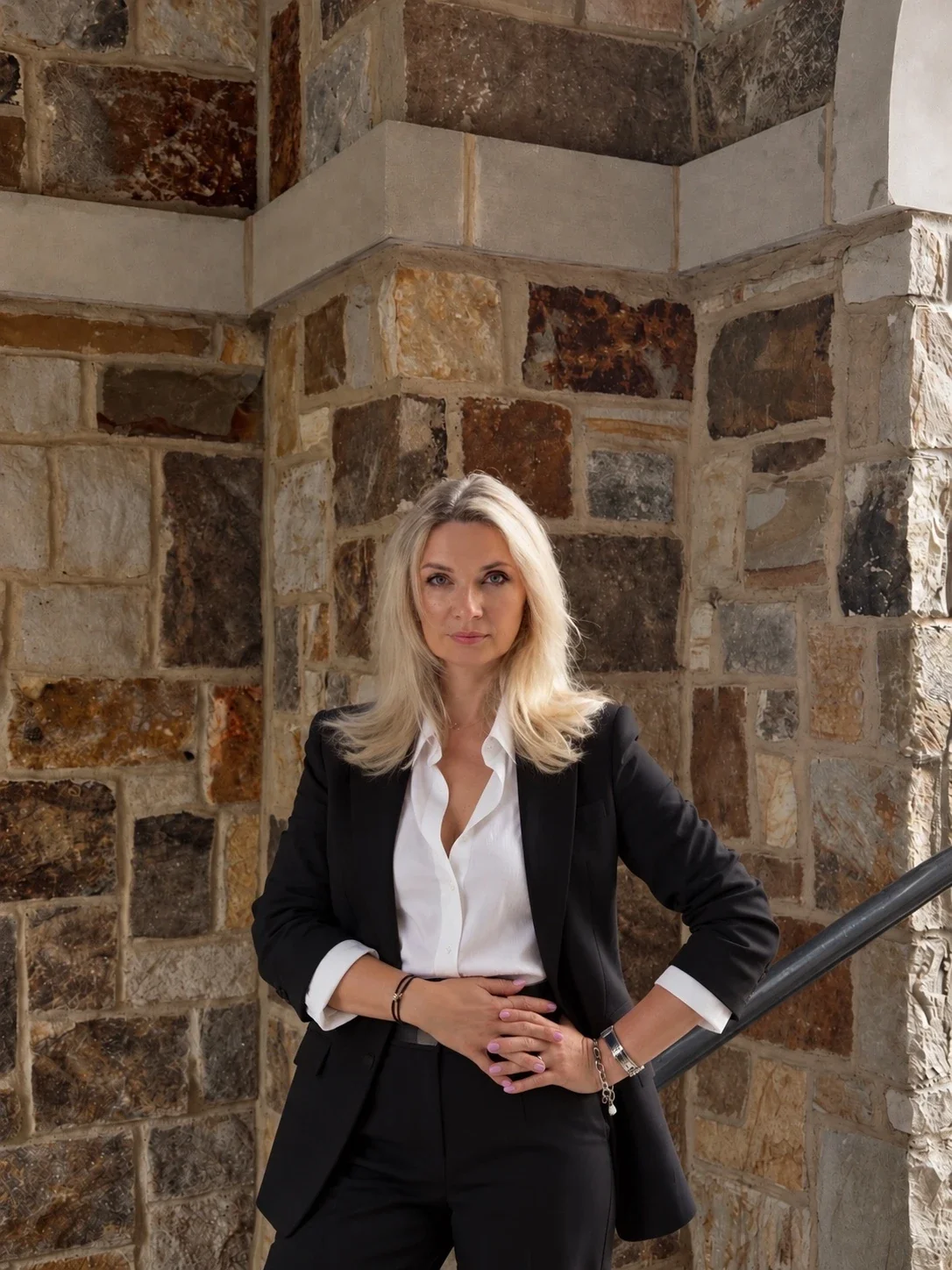 Dr. Oksana Skidan, author and speaker, standing beside a stone wall in a black suit and white shirt.