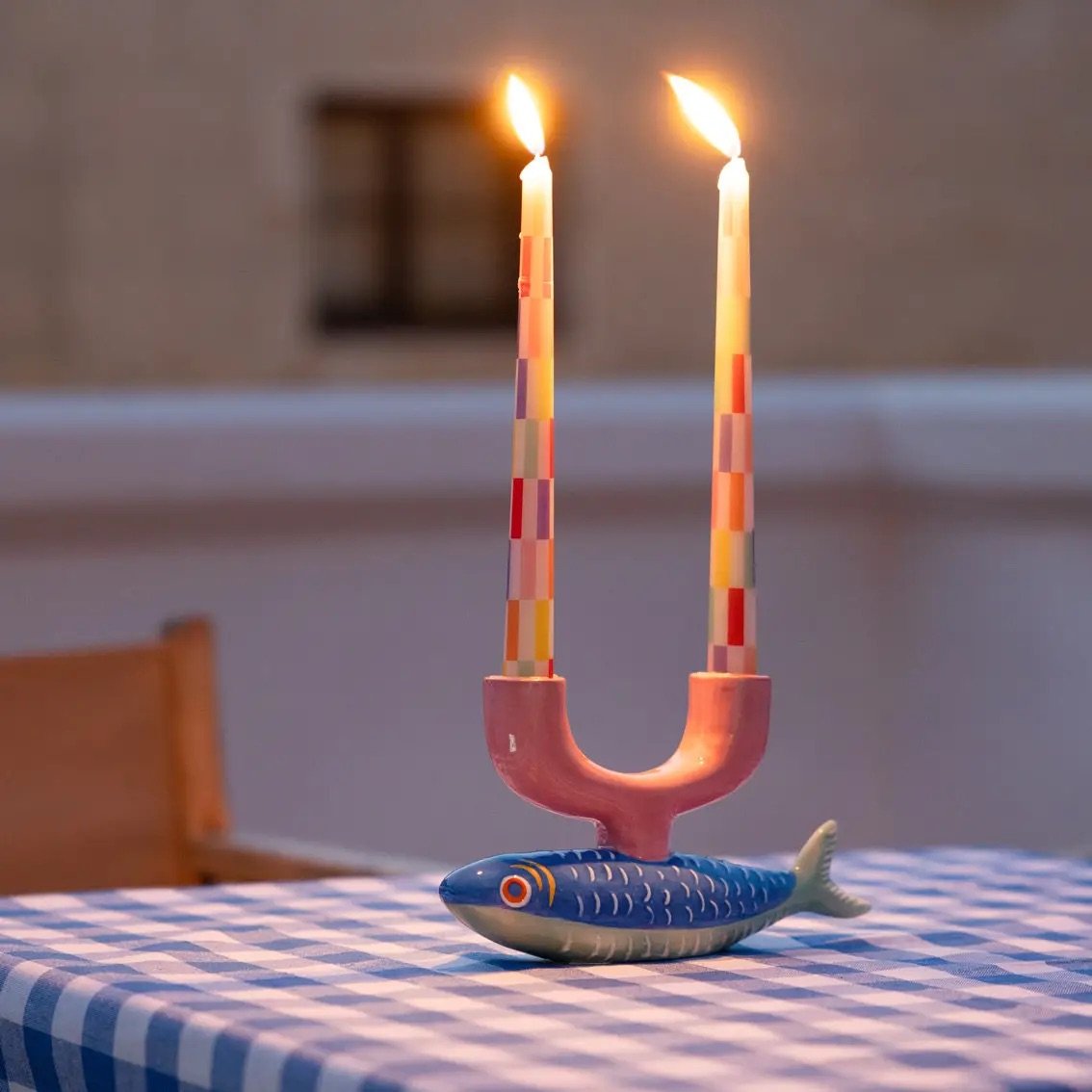 Multi Coloured Check Taper Dinner Candles - 2 Pack 3 .jpeg