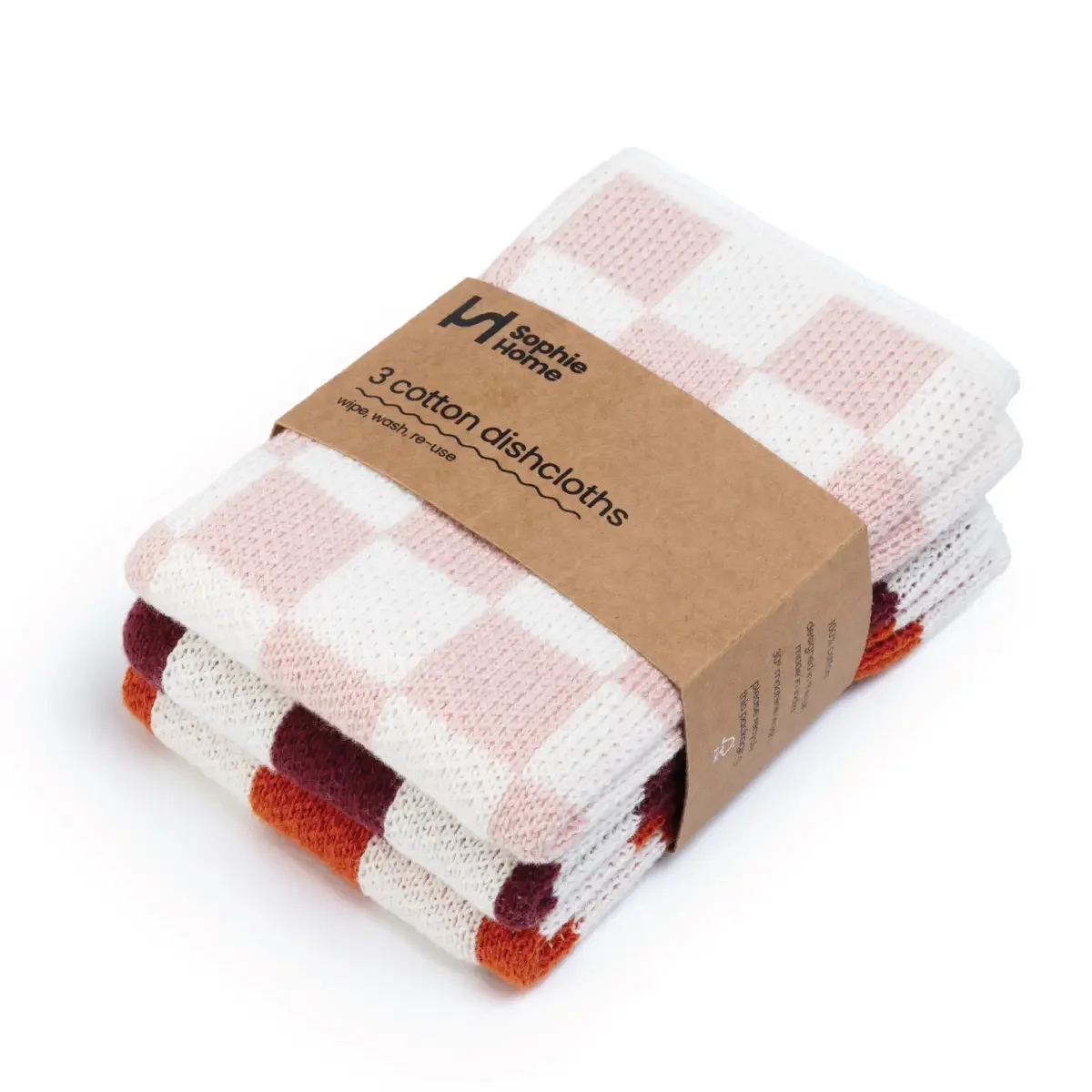 Cotton Dishcloths - Check Pink, burnt orange, burgundy