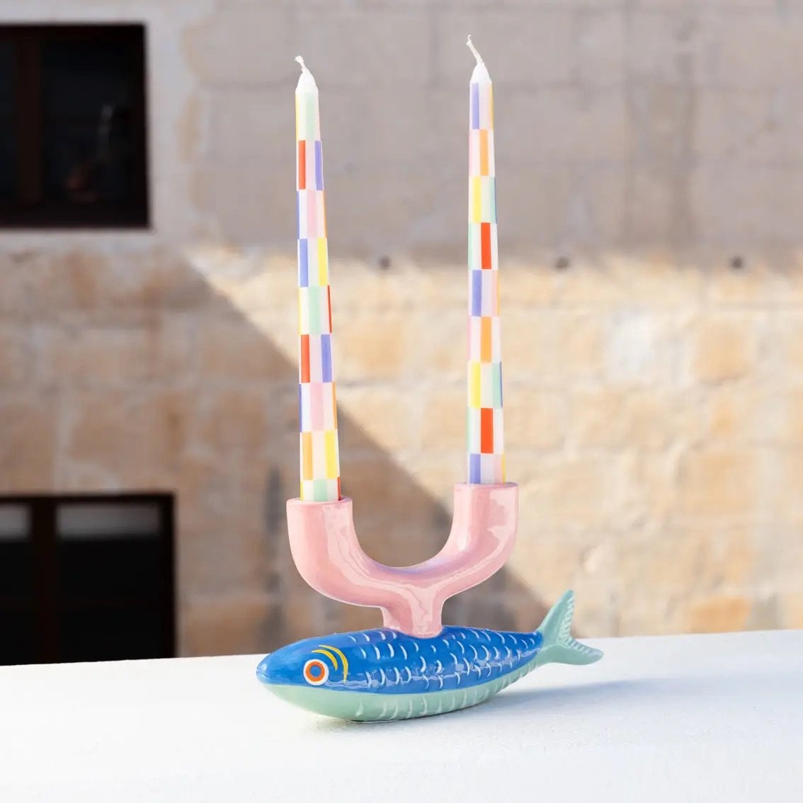 Multi Coloured Check Taper Dinner Candles - 2 Pack 2.jpeg
