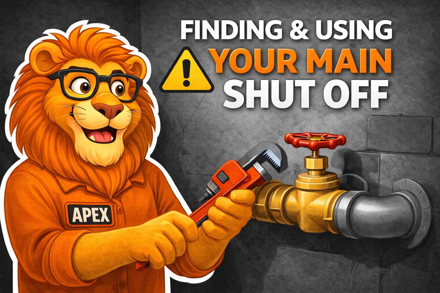 Apex Restoration mascot holding a pipe wrench next to a main water shut-off valve.
