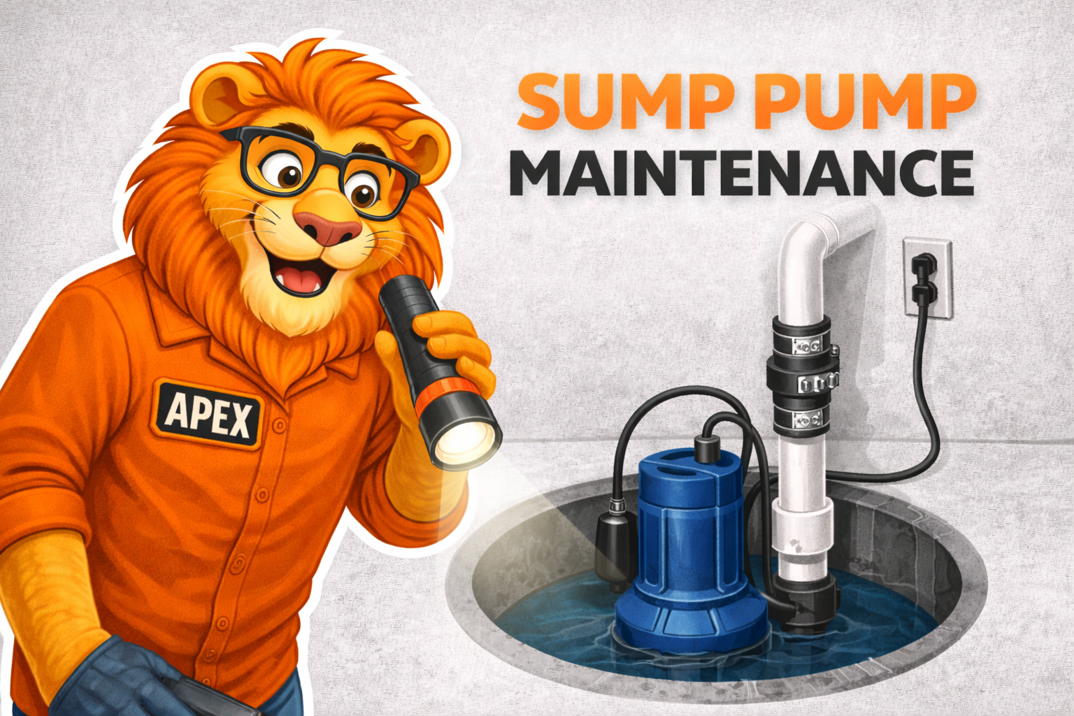 Apex Restoration lion mascot shining a flashlight on a basement sump pump system to demonstrate proper maintenance.