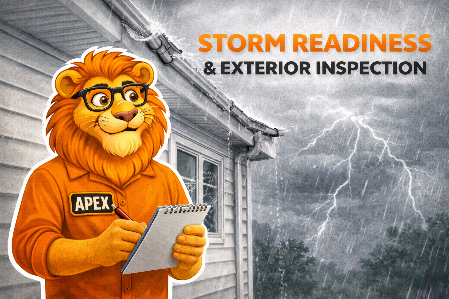 Apex Restoration lion mascot taking notes on a notepad in front of a house during a storm with heavy rain and lightning.