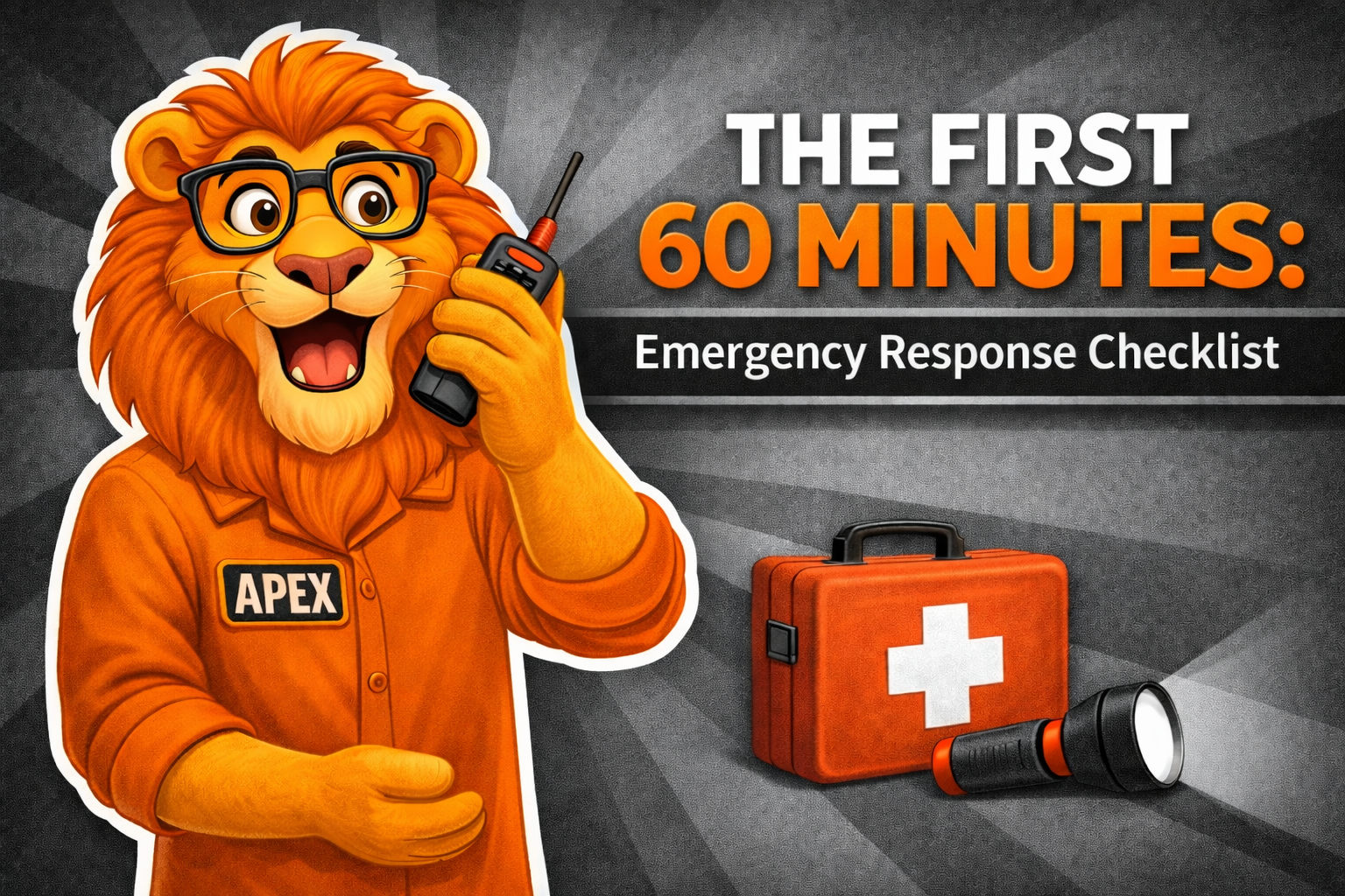 Emergency preparedness graphic featuring the Apex lion mascot with a radio and safety equipment, titled “The First 60 Minutes: Emergency Response Checklist.”