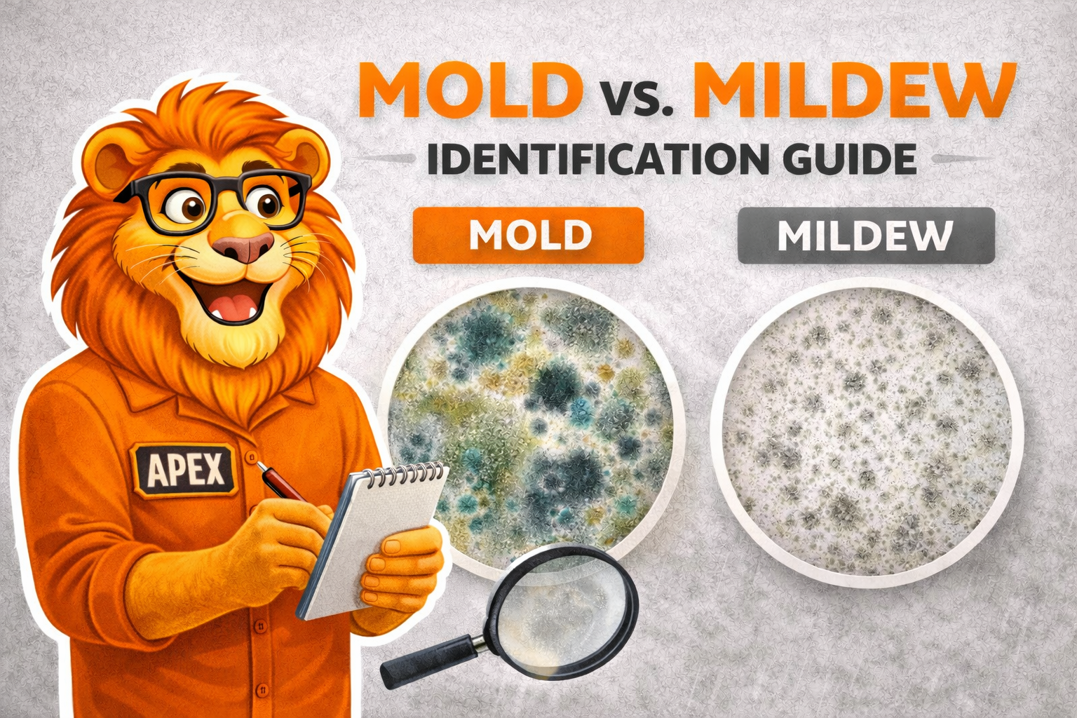 Apex Restoration mascot using a magnifying glass to compare mold and mildew growth samples.