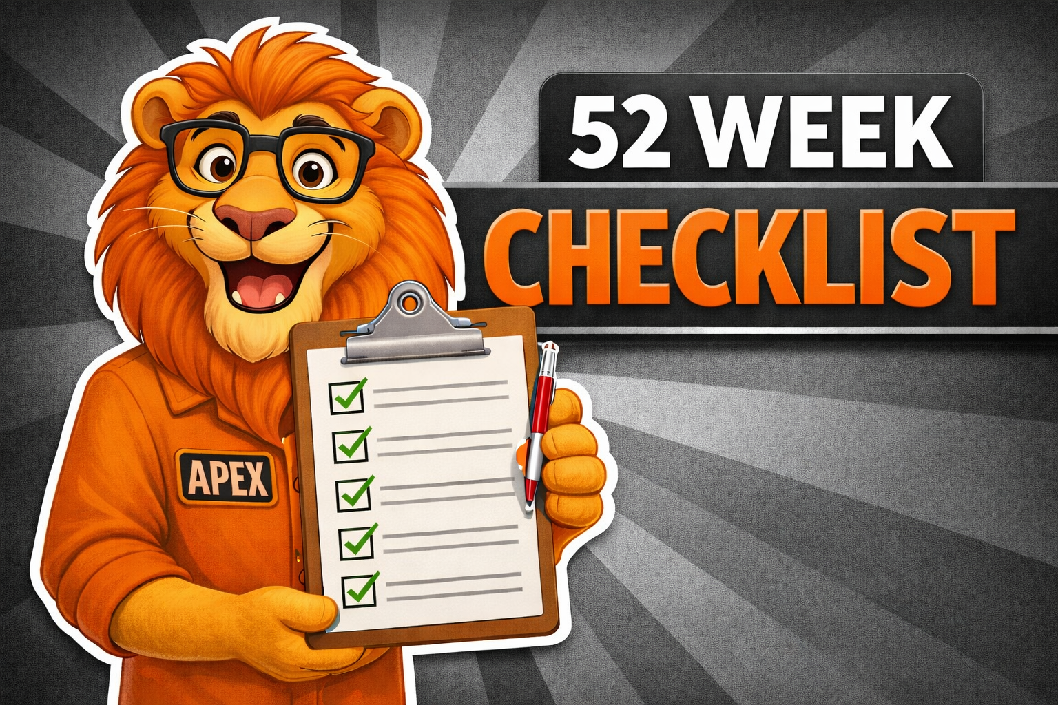 Apex Restoration lion mascot holding a 52-week home maintenance checklist