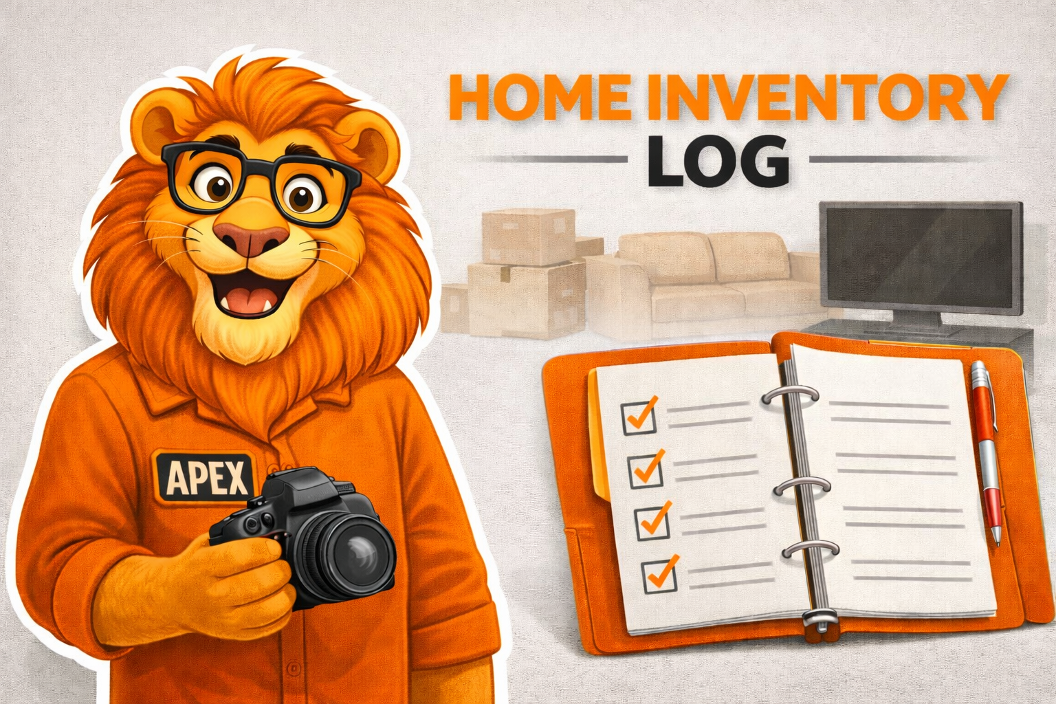 Illustration of the Apex Restoration lion mascot holding a camera beside a home inventory log binder, representing organized documentation of household belongings for insurance and disaster preparedness.