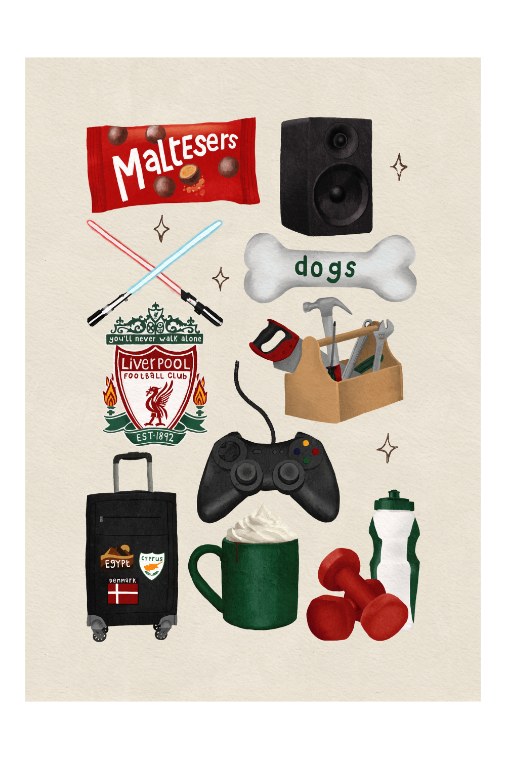 Masculine red and green personalised favourite things illustration