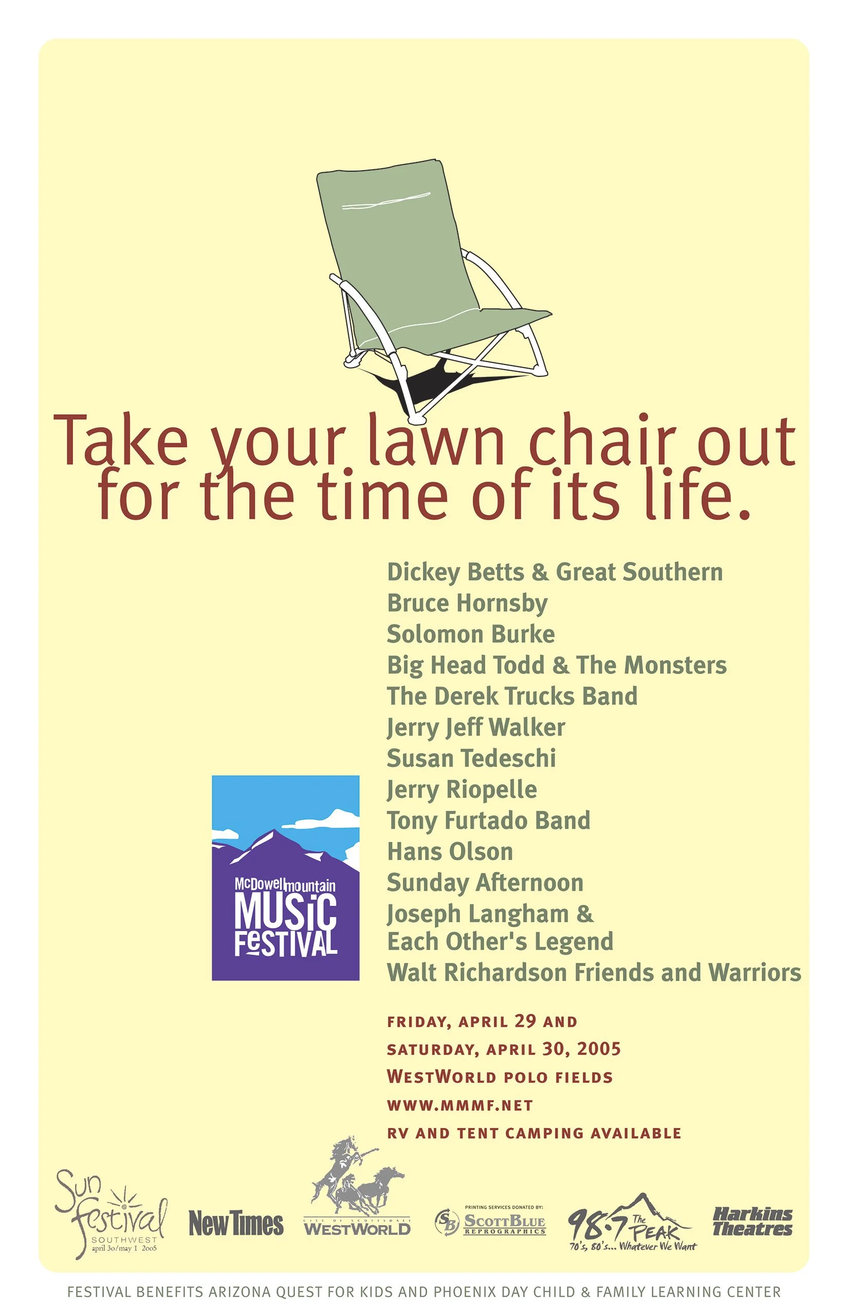 Poster advertising the McDowell Mountain Music Festival 2005 with a drawing of a lawn chair and event details.