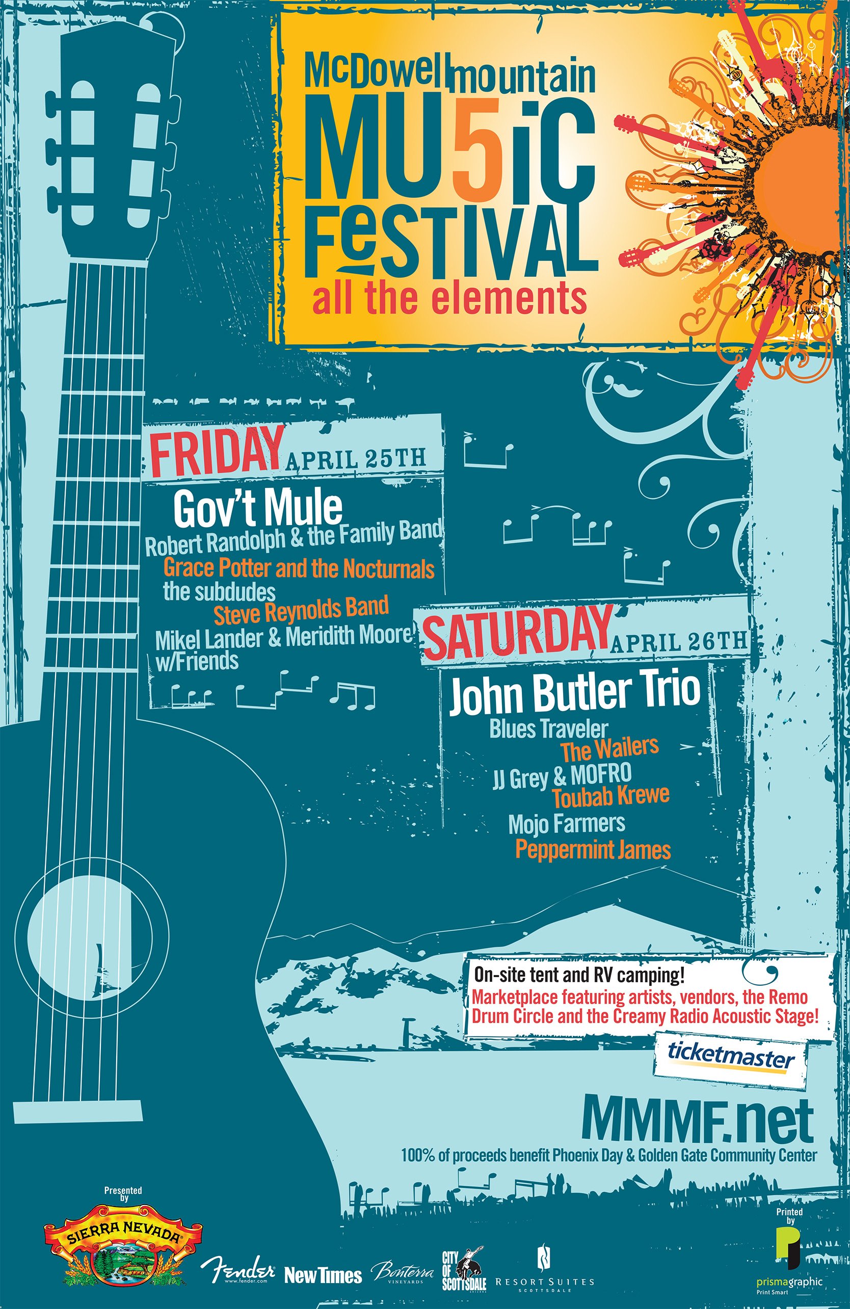 Event poster for the McDowell Mountain Music Festival featuring performances on April 25th and 26th, including Gov't Mule and John Butler Trio, with additional bands and activities listed.