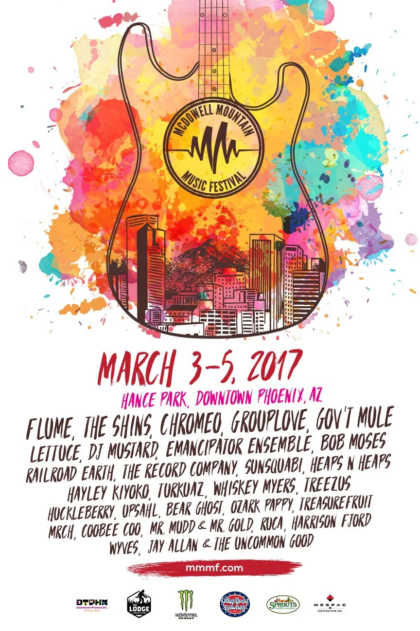 Poster for McDowell Mountain Music Festival held March 3-5, 2017, at Hance Park in Downtown Phoenix, Arizona. Features colorful abstract background with a guitar outline and cityscape silhouette.