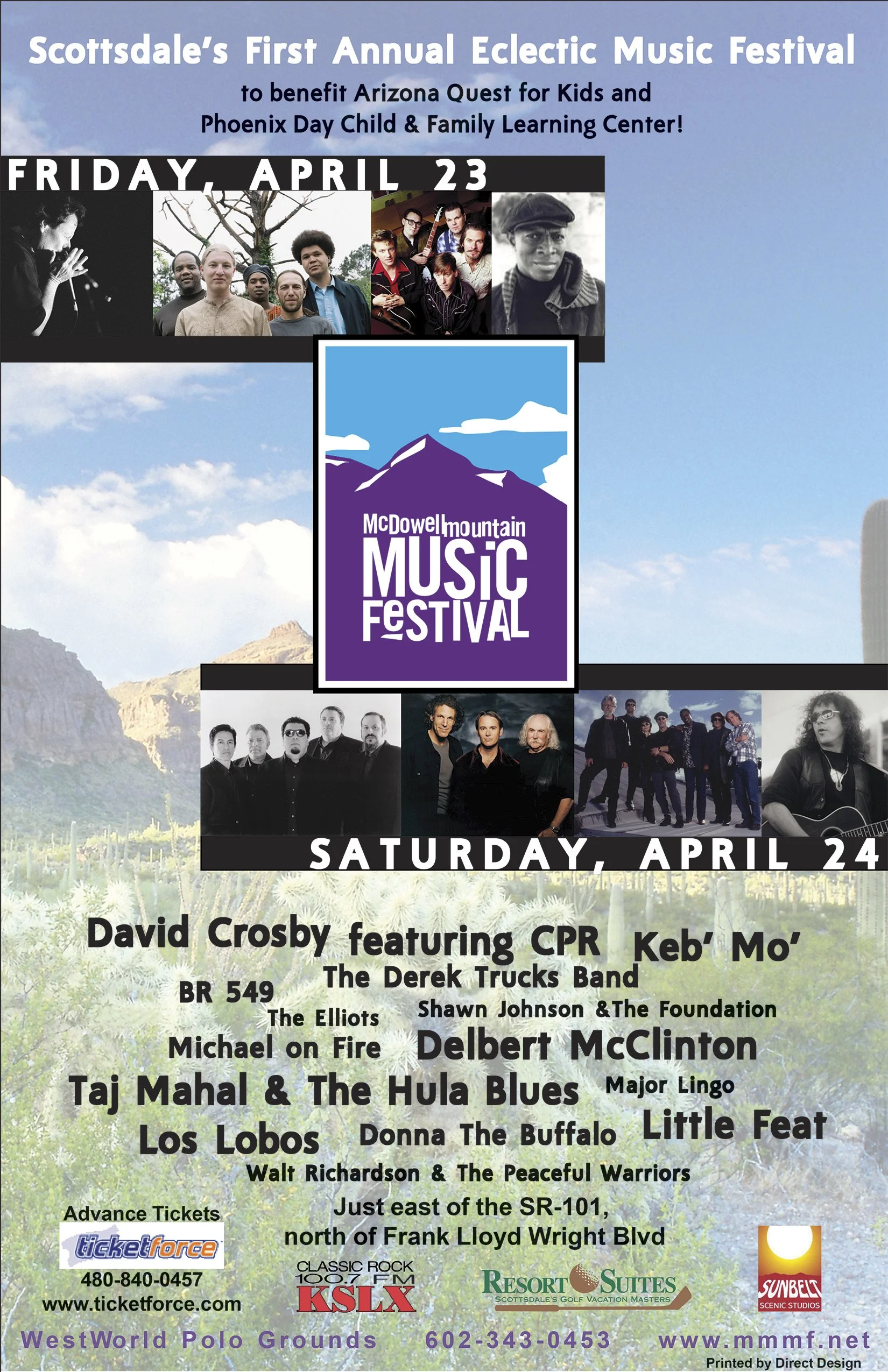 Flyer for McDowell Mountain Music Festival with event details, lineup, and sponsor logos.