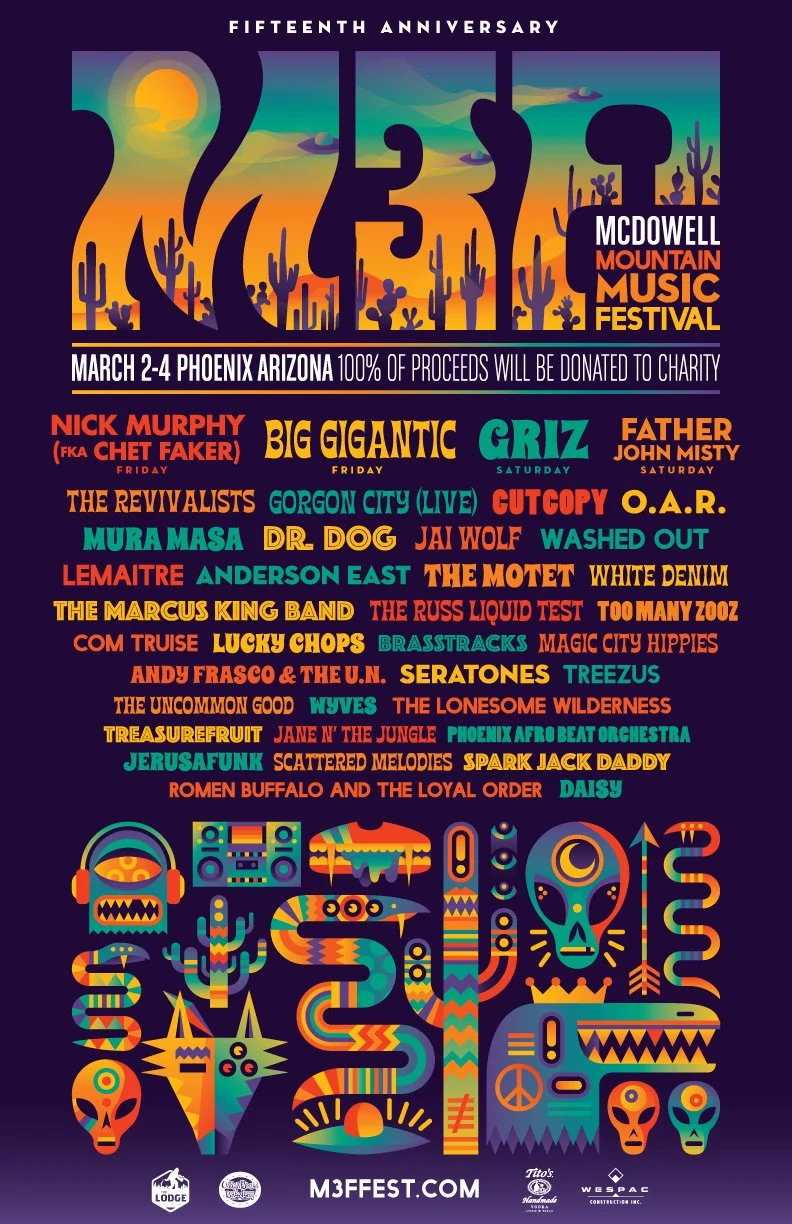 A colorful poster celebrating the fifteenth anniversary of the McDowell Mountain Music Festival, held March 2-4 in Phoenix, Arizona. The poster features a desert landscape with cacti and a sunset, along with a lineup of musical acts in vibrant colors and psychedelic fonts. The bottom displays stylized psychedelic illustrations and the festival's website, M3FFEST.COM.