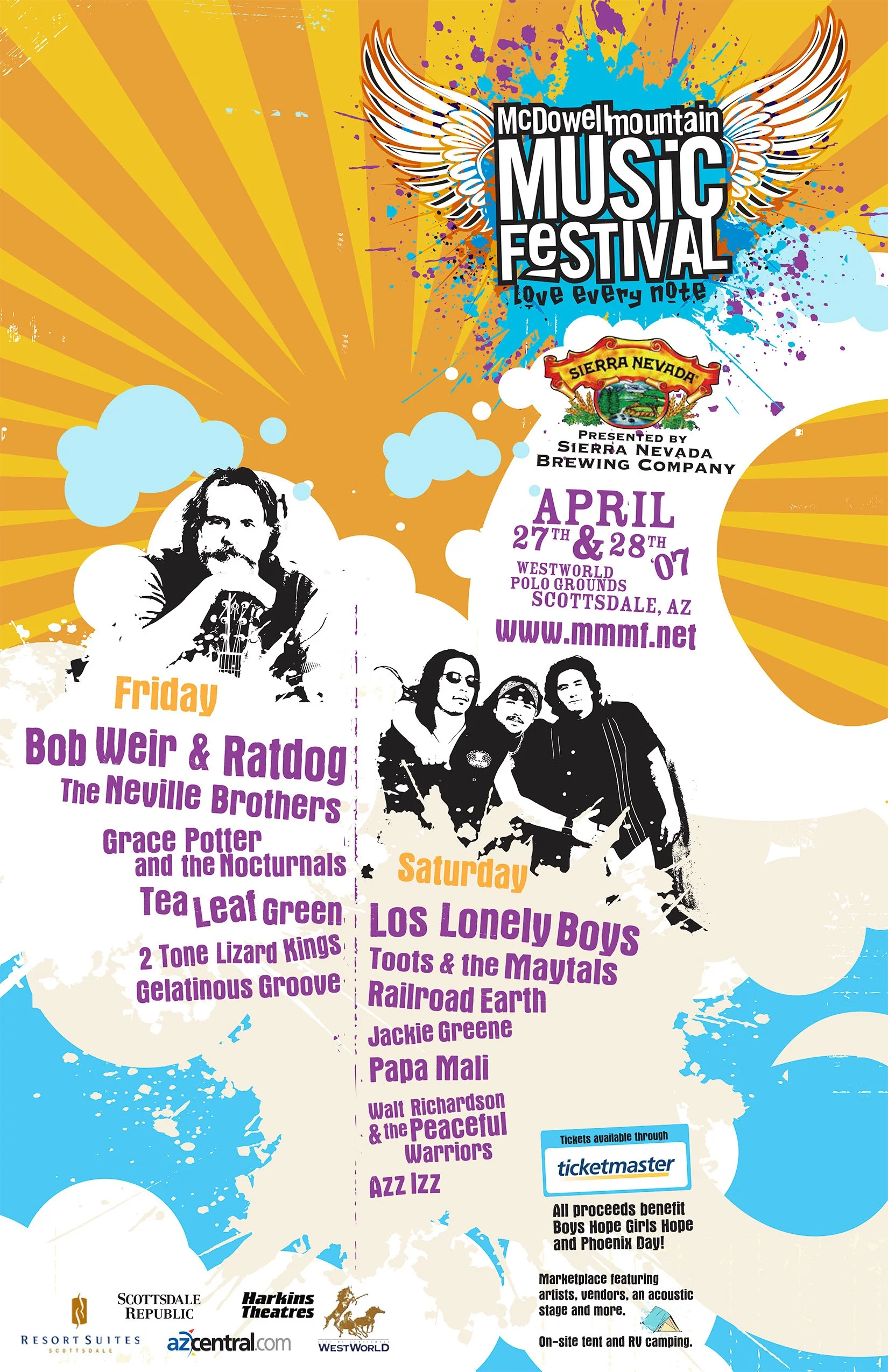 Colorful poster for the McDowell Mountain Music Festival 2007 featuring bold text and images of musicians. It lists weekend dates, location, sponsors, and lineup for Friday and Saturday including bands like Bob Weir & Ratdog and Los Lonely Boys.