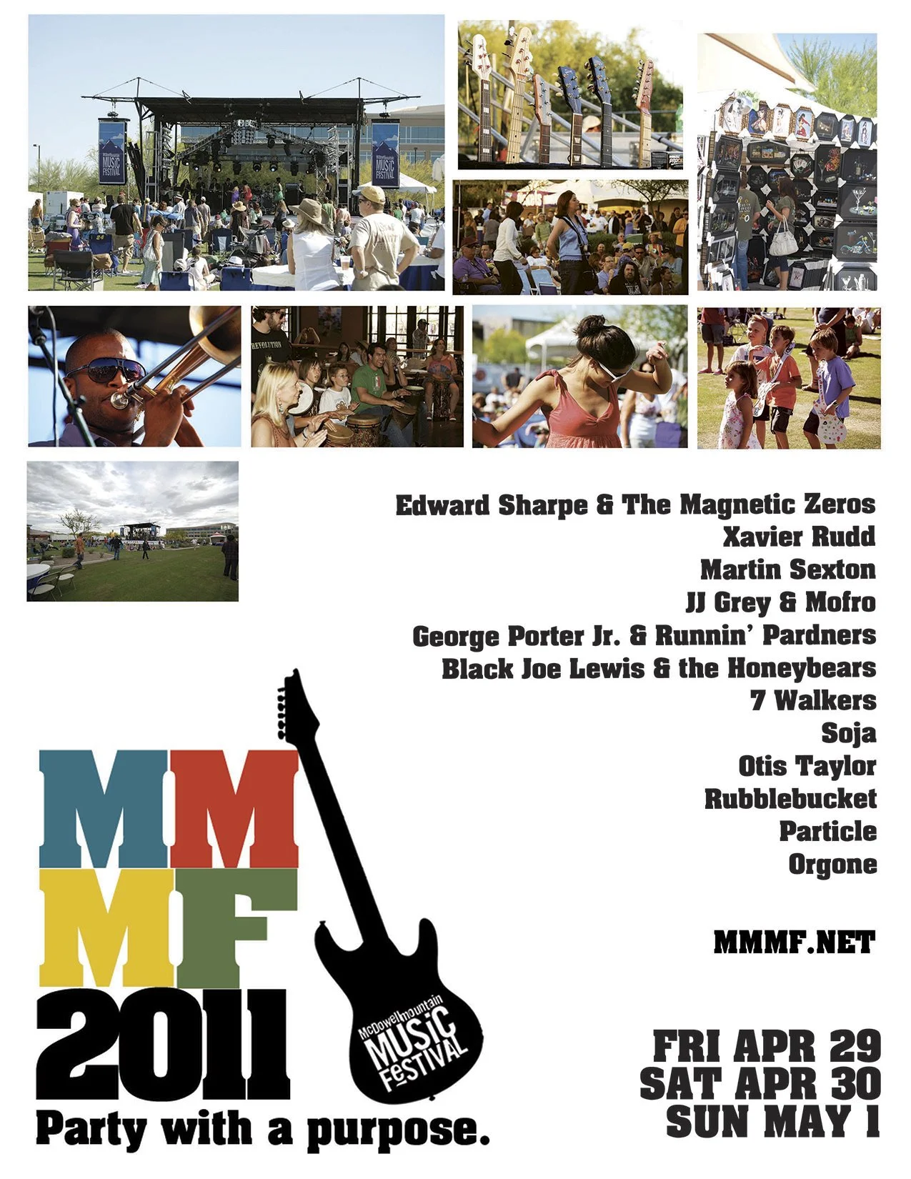 Poster for the McDowell Mountain Music Festival 2011 featuring images of an outdoor music festival, performances, and merchandise booths, with the lineup of artists and festival dates, and the slogan 'Party with a purpose'.