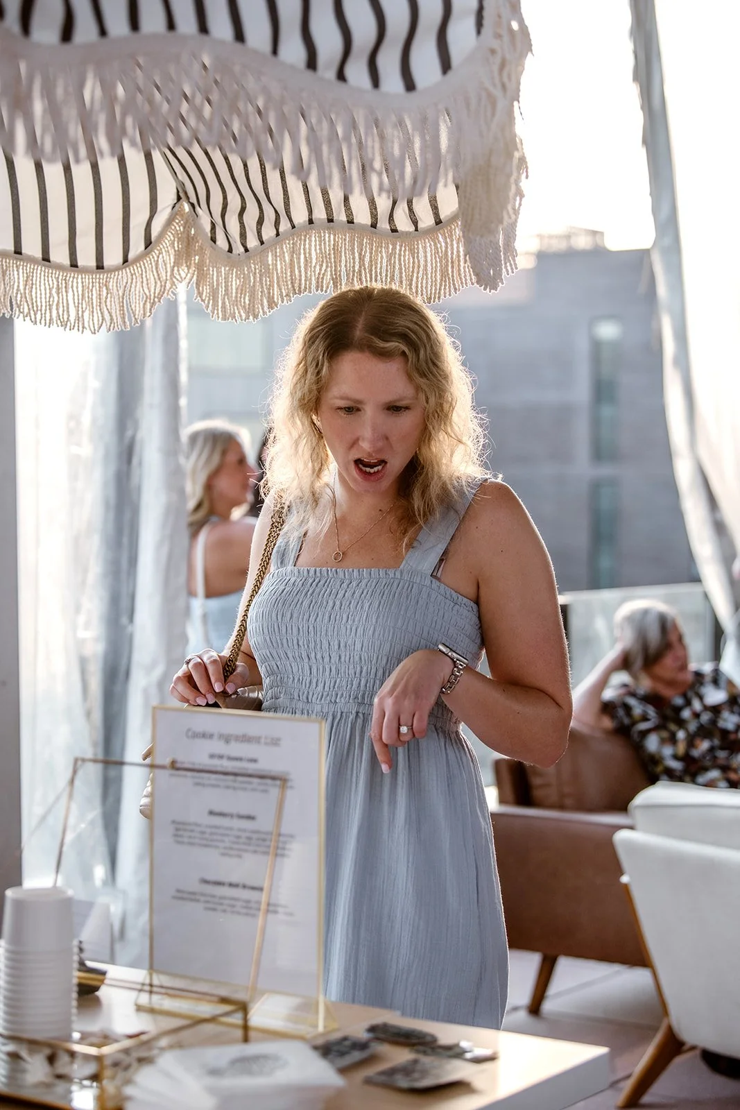 Woman staring at cookies with her jaw dropping
