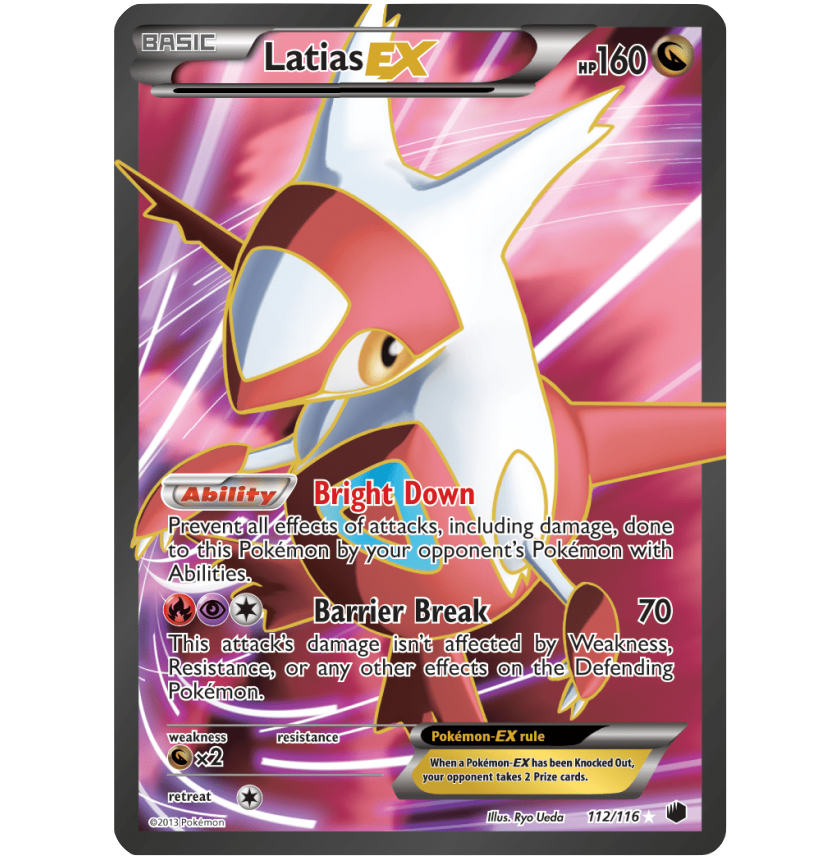 A Pokémon TCG card featuring Latias EX, a red and white Pokémon with gold accents. The card displays Latias EX's name, health points (160), and moves named 'Bright Down' and 'Barrier Break,' with abilities and effects described. The background is pin