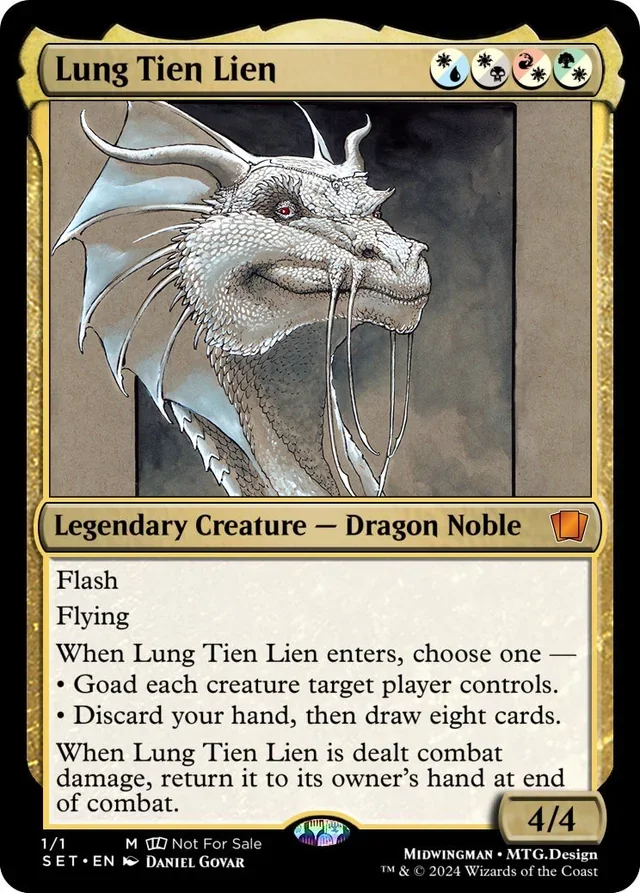A fantasy trading card featuring Lung Tien Lien, a dragon-like creature with white scales, horns, and wings. The card describes its abilities, such as flashing and flying, and has a 4/4 power and toughness rating.