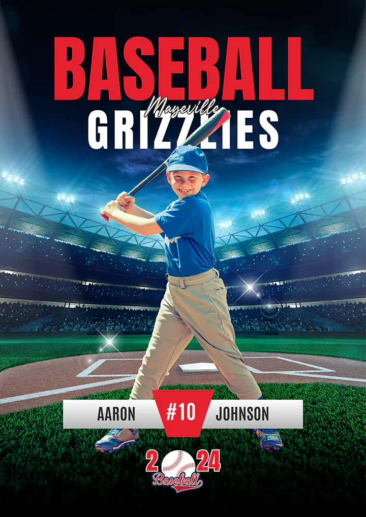 Young boy in a blue baseball uniform and cap standing on a baseball field in a stadium, holding a bat poised to hit. The image features large red, white, and black text reading "Baseball Mayeville Grizzlies," with the player's name, "Aaron Johnson," 