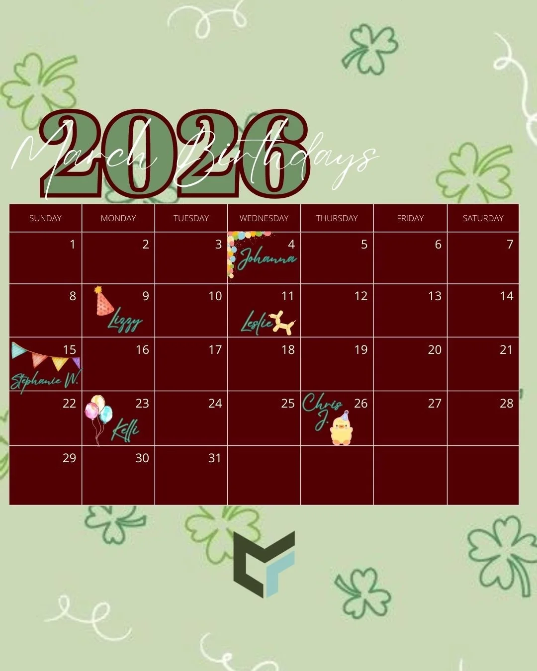 🎉 March birthday crew! 🎉

Another month of celebrating the people who make this place what it is. From early mornings to big wins and everything in between, we&rsquo;re so grateful for each of you. If your name&rsquo;s on this calendar, make sure w