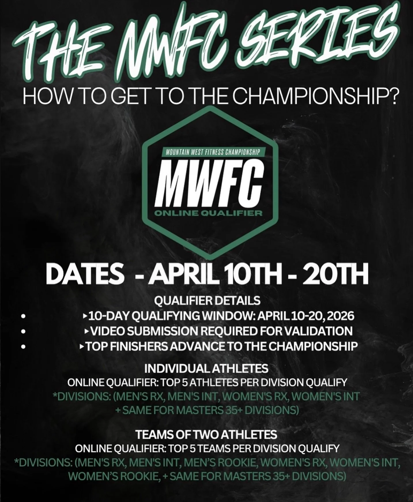 Stronger together hits different during comp season. 🔥

The MWFC Online Qualifier runs April 10&ndash;20 &mdash; a 10-day window to complete the workouts and submit your videos for validation.

✔️ Individuals + Teams of 2
✔️ RX, Intermediate, Rookie