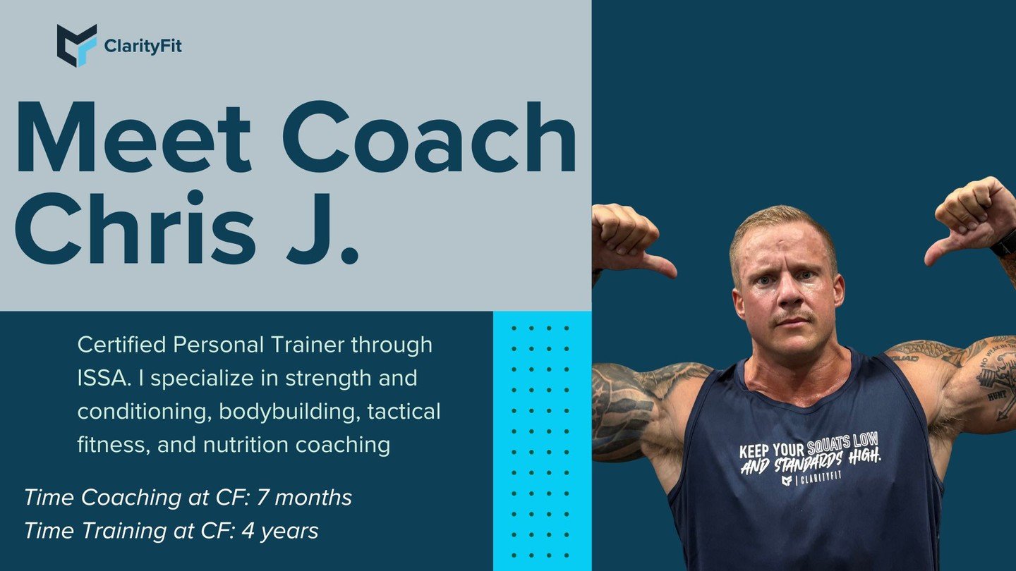 Coach Chris J is built different.

He protects the community by day, coaches and trains by choice, and still finds time to never skip leg day.

ISSA Certified. Strength &amp; conditioning specialist. Tactical mindset.
Dad jokes included at no extra c