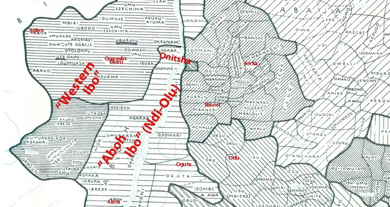 Forde & Jones 1951: Western Ibo, “Aboh Ibo” (Ndi-Olu), Onitsha, and some Eastern Ibo towns.