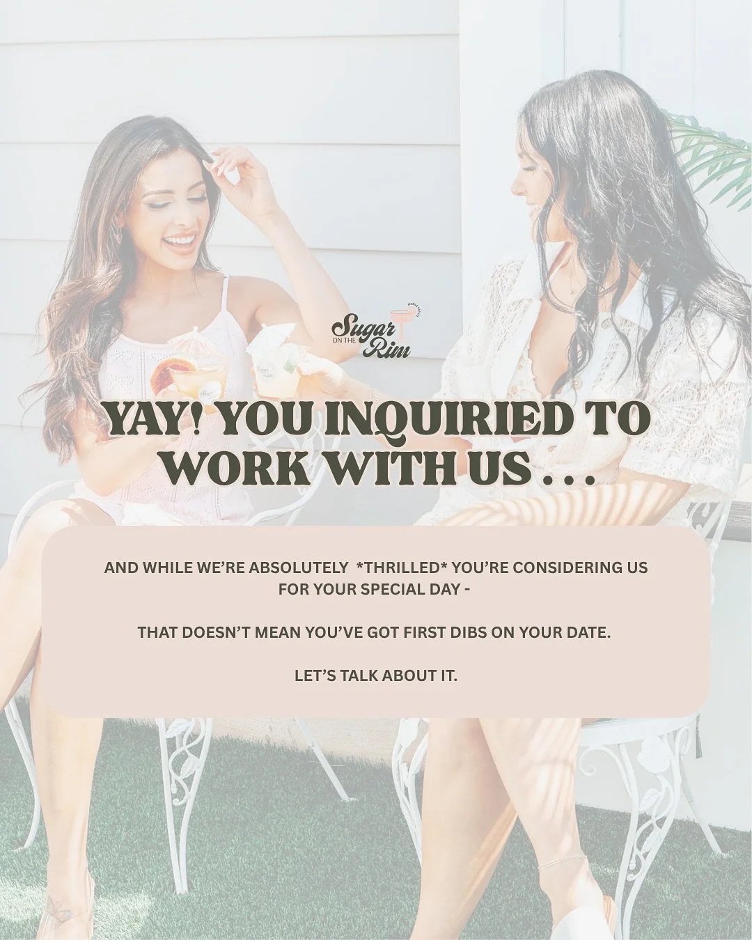 An inquiry isn&rsquo;t a booking. Let&rsquo;s clear that up 👀

Here&rsquo;s the deal: at Sugar On The Rim, your date isn&rsquo;t officially yours until we&rsquo;ve had a consult, a contract is signed, and a deposit is sent over. That&rsquo;s what lo