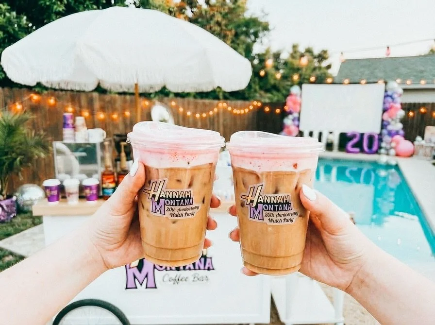 We designed a mockup of what your Hannah Montana 20th Anniversary Watch Party would look like if you hired us as your mobile cocktail or coffee bar 🪩💜🎤

And this is *exactly* how we approach every event. We&rsquo;re thinking through the setting, f