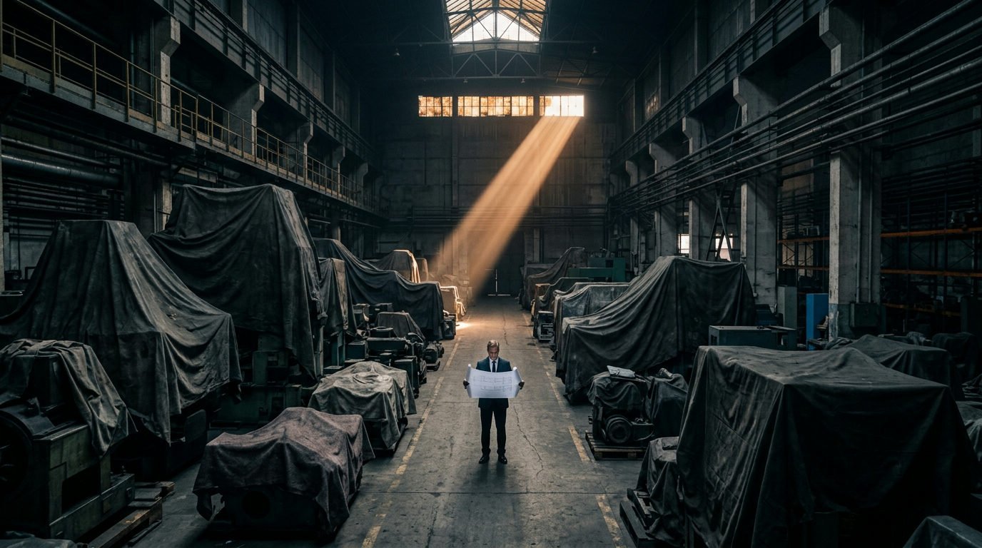 Vast, dim warehouse with tarp-covered prototypes. Tiny executive studies blueprint in single light beam.