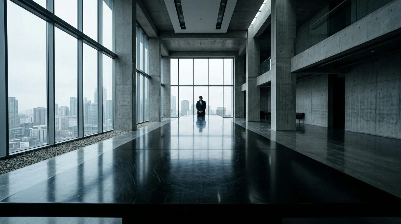 Vast corporate boardroom, obsidian table, brutalist concrete walls, lone executive deep in thought.