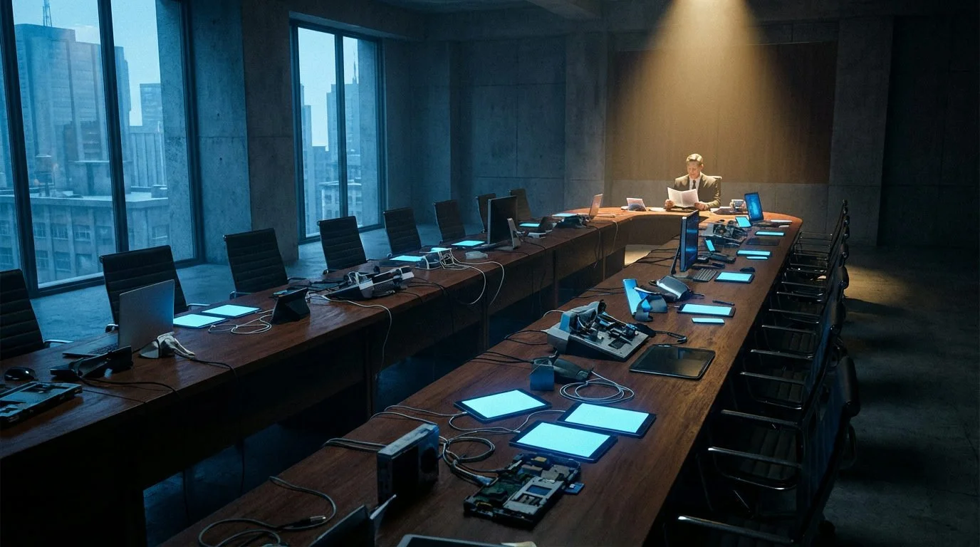 Vast, shadowy boardroom with long conference table cluttered with glowing tech, spotlighted executive.