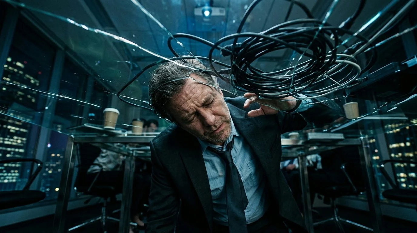 Extreme low-angle view up through a glass table to a distorted, exhausted executive's face. Messy black cables piled on the glass.