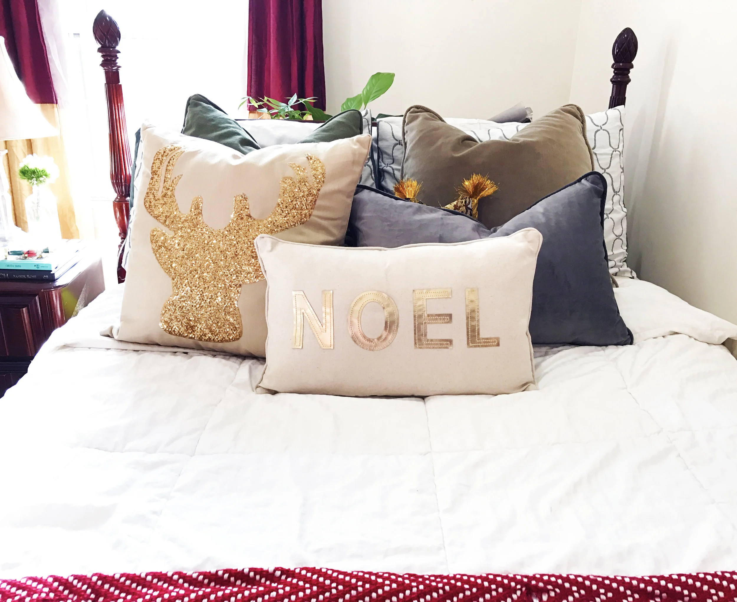 These festive pillows are an easy way to make the bed look finished.