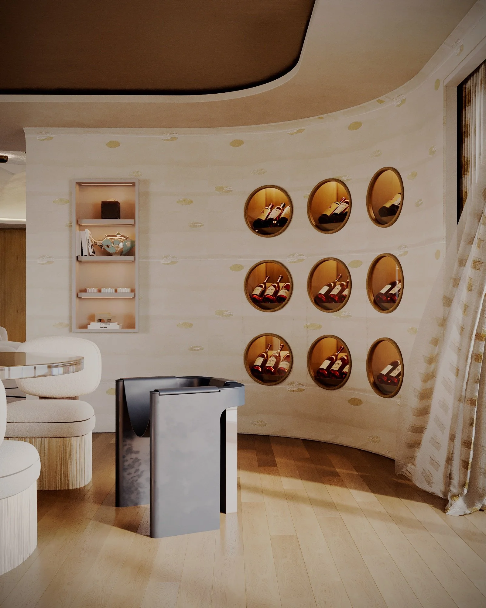 An interior space with a curved wall displaying wine bottles in circular niches, a floating shelf with books and decorative items, a modern curved seating area, a small table, and a metallic trash receptacle, with a wooden floor and a curtain on the right side.