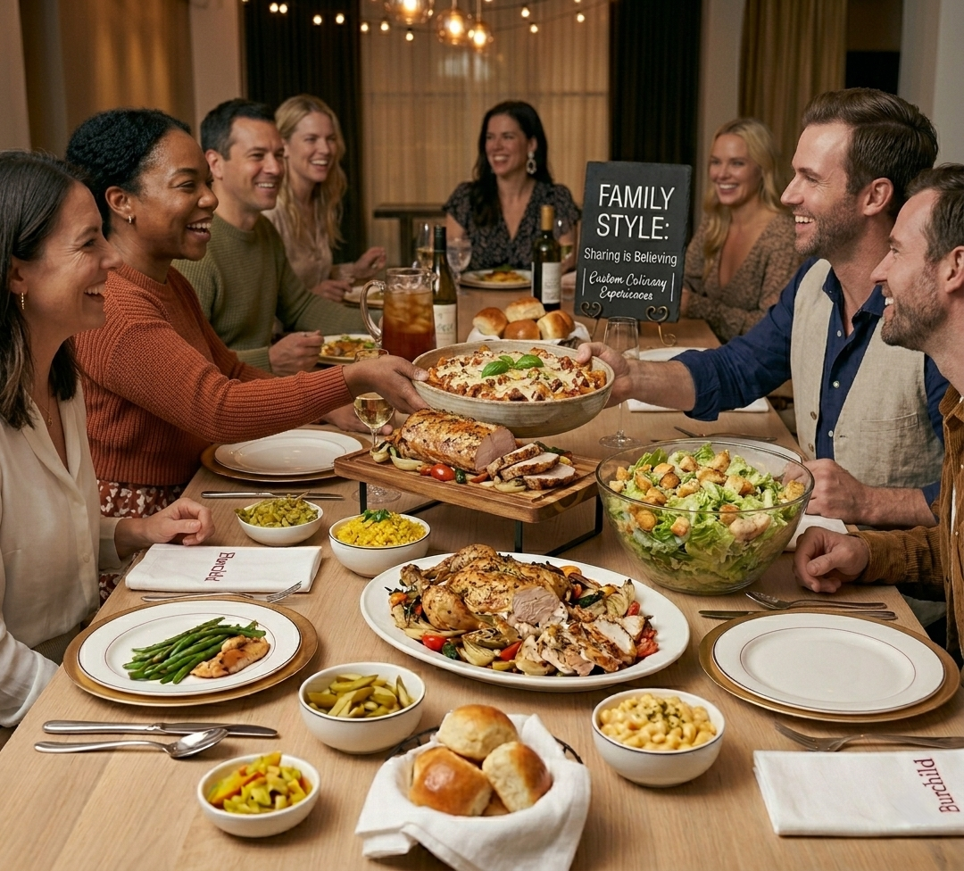 A group of people enjoying a dinner gathering at a long table with various dishes, including salads, bread, roast meats, and pizza, smiling and sharing food. A small blackboard sign reads, 'Family Style: Sharing is Believing,' inside a cozy, warmly lit room.