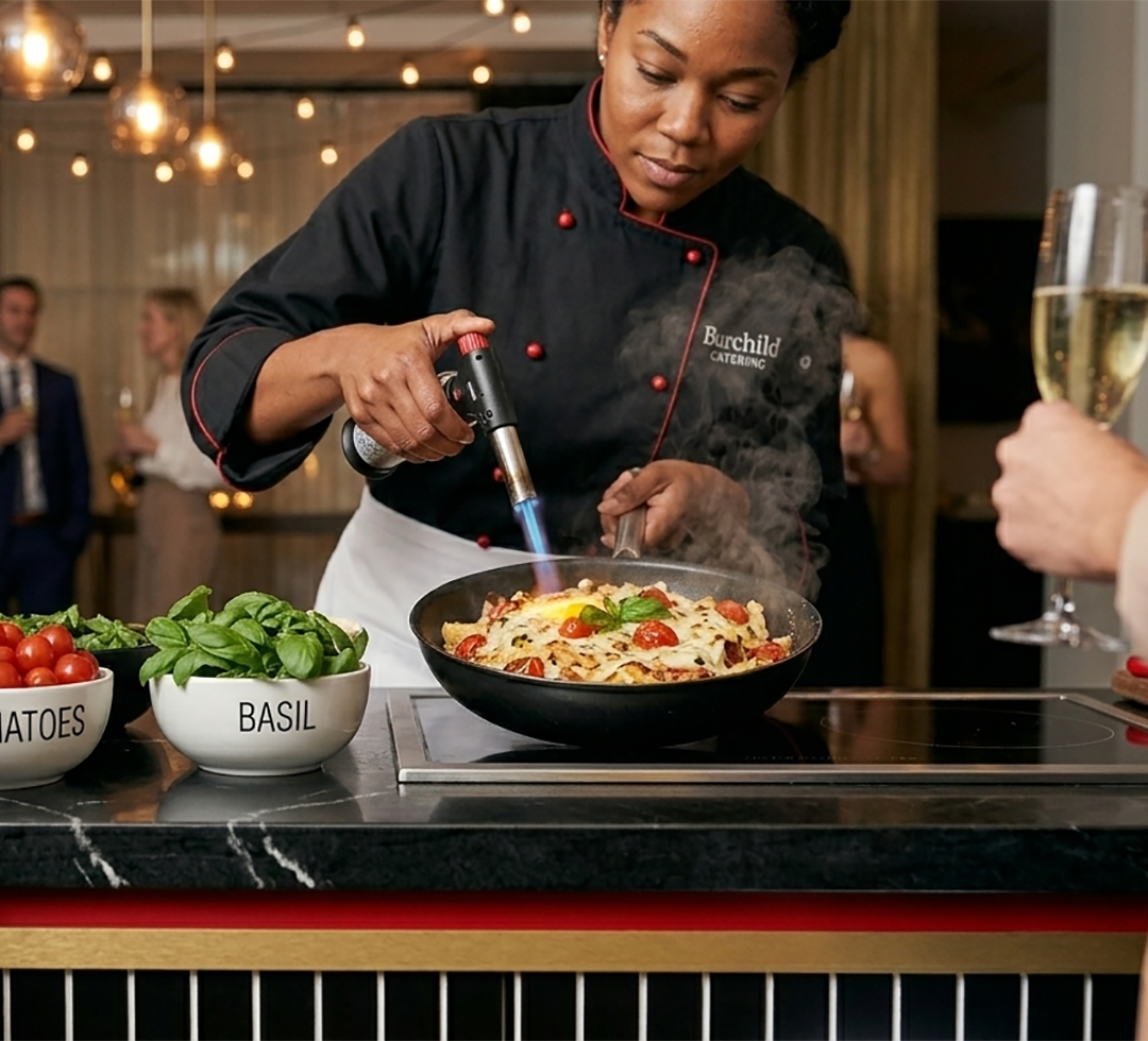 A chef is using a culinary blowtorch on a pan of pasta with cherry tomatoes and herbs, in a restaurant setting. There are bowls of cherry tomatoes and basil on the counter, and people with glasses of champagne are in the background.