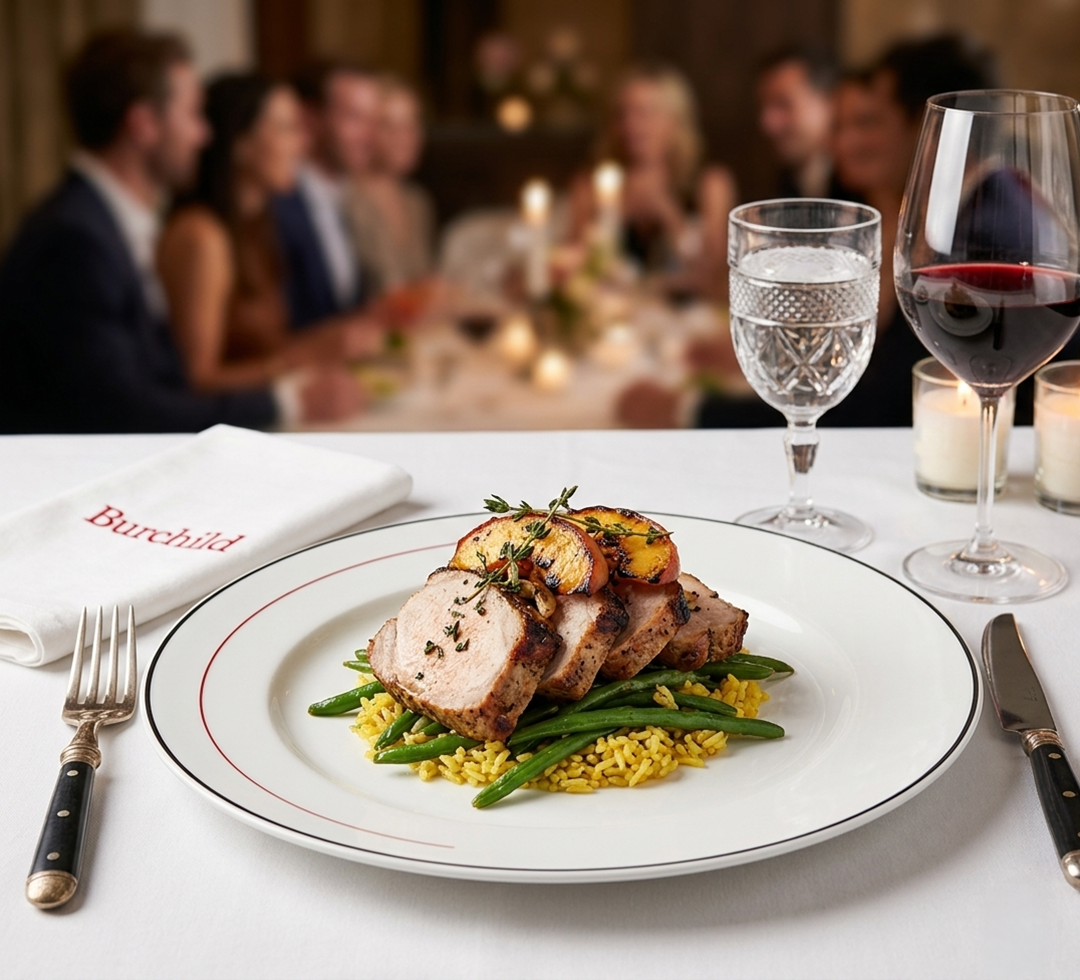 Plate with grilled pork tenderloin, green beans, yellow rice, and roasted potatoes garnished with sprigs of thyme on a white tablecloth in a formal dining setting.