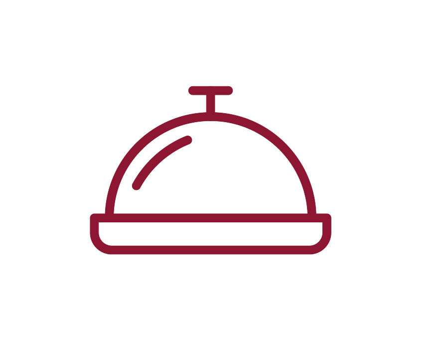 Line drawing of a covered serving platter or cloche, depicted in a simple maroon outline