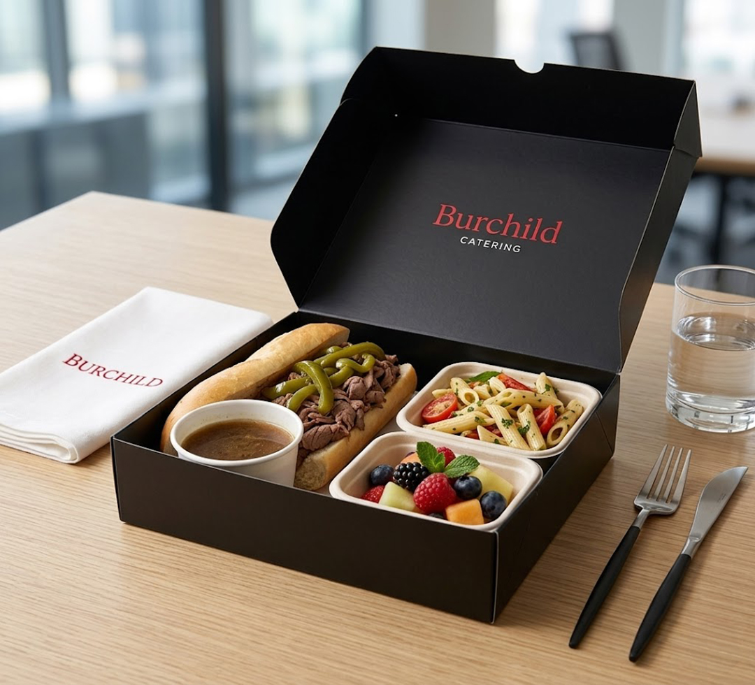A black catering box containing a hot dog with mustard and green peppers, a cup of broth, pasta salad with cherry tomatoes and herbs, and a fruit salad with berries and melon, on a light wooden table with a fork, knife, glass of water, and a white napkin labeled 'Burchild'.