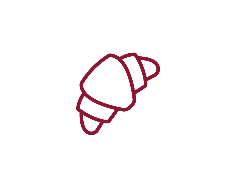 A simple line drawing of a croissant pastry with dark maroon outline on a black background.