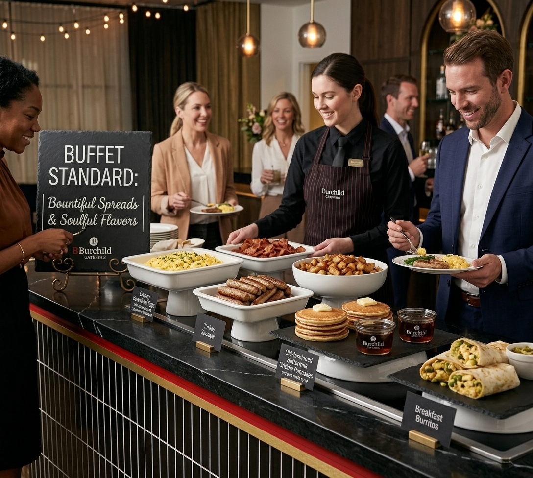People at a buffet table with various breakfast dishes including pancakes, sausage, bacon, and breakfast burritos, with a sign describing the buffet.