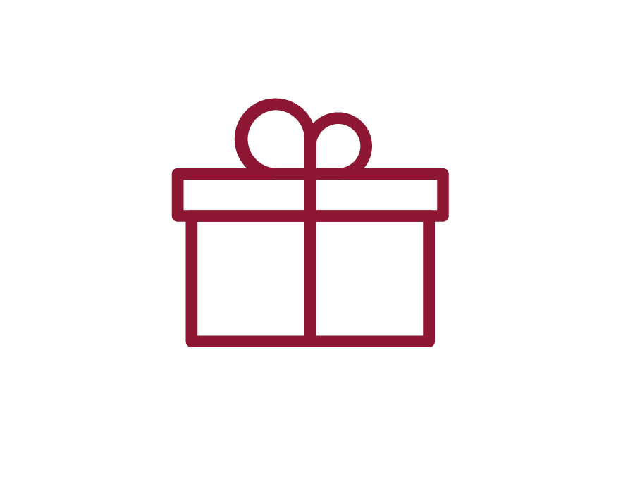 Icon of a gift box with a bow on top, drawn with dark red lines.