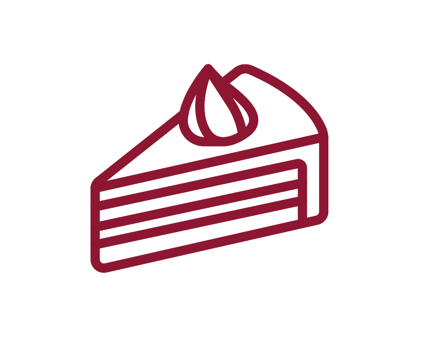 Line drawing of a slice of cake with multiple layers, topped with a dollop of cream or frosting.