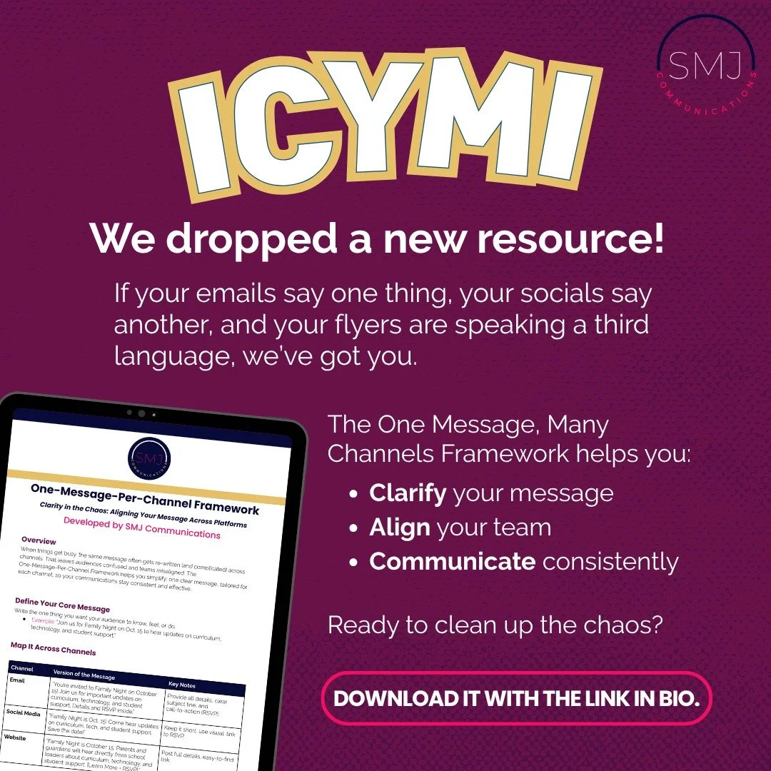 ICYMI: We dropped a new resource!

If your emails say one thing, your social media posts say another, and your flyers are speaking a third language, we&rsquo;ve got you.

The One Message, Many Channels Framework helps you:
-Clarify your message
-Alig