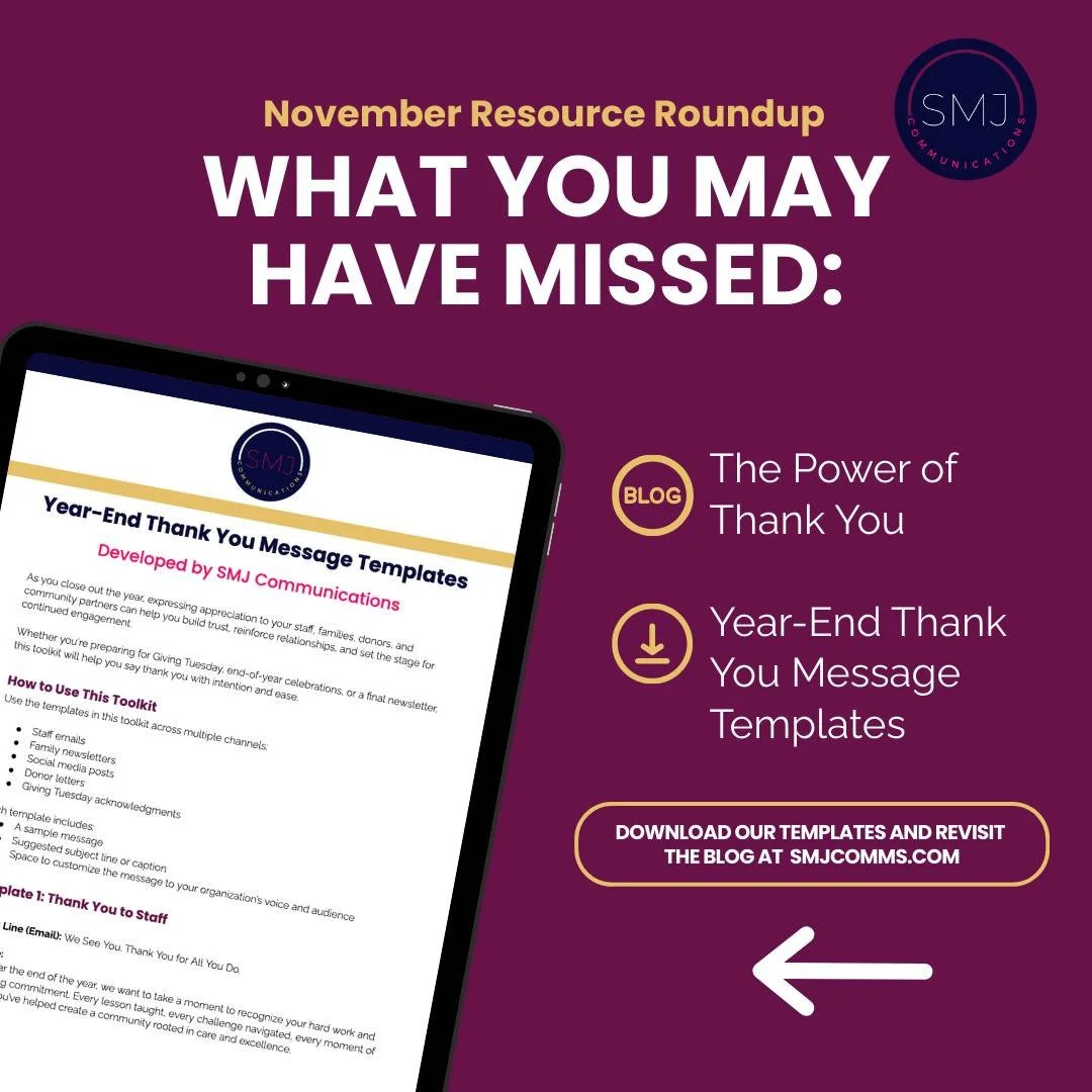 This month, we focused on helping you center gratitude in your communications. 

Here&rsquo;s what we shared to support your end-of-year messaging:
💌 Blog: The Power of Thank You
📝 Download: Year-End Thank You Message Templates

Use the link in our