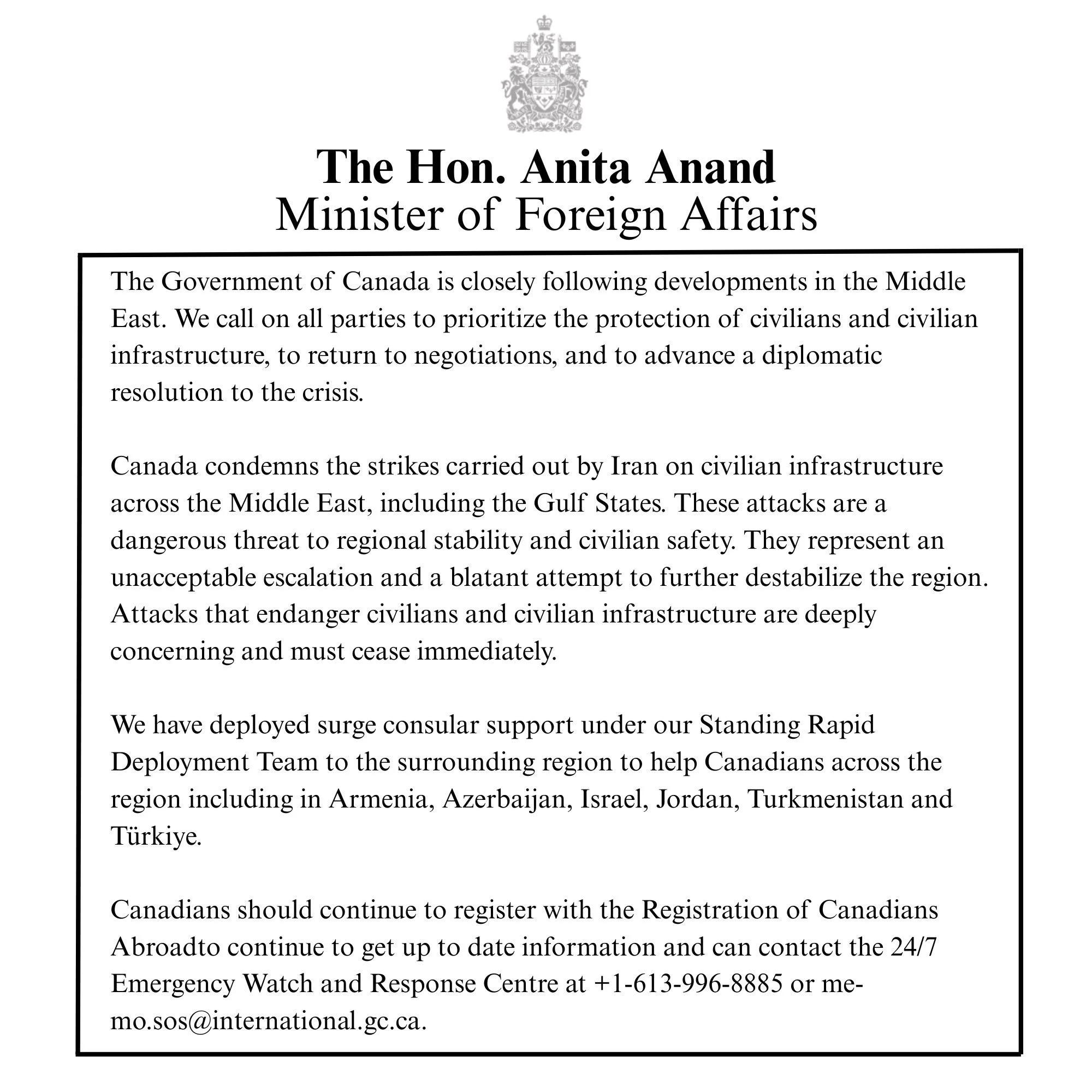 Statement by Minister Anand on hostilities in the Middle East