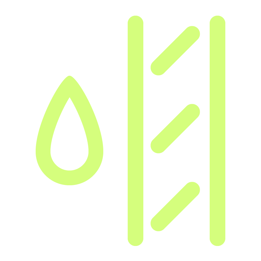 A stylized icon of a shower with a water drop to the left, a shower column in the middle, and a shower door or curtain to the right, all in light green.
