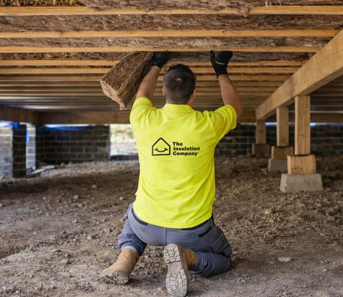 A person working on insulation underneath a building, kneeling on the ground and holding insulation material while wearing a bright yellow shirt with a logo that says 'The Insulation Company' and black gloves.
