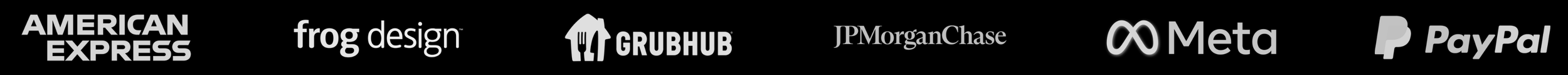 Logos of American Express, Frog Design, Grubhub, JP Morgan Chase, Meta, and PayPal on a black background.